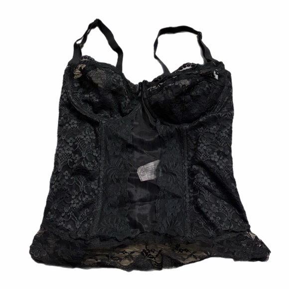 Sunburst Tops - 90s European Vintage Sunburst Lace Ruffle Hem Corset Top (Black) Size 34B/Small